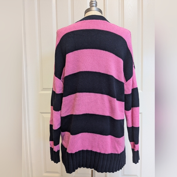 Handmade No Tag Baggy Pink & Navy Blue Cardigan Custom Buttons L - Picture 3 of 5